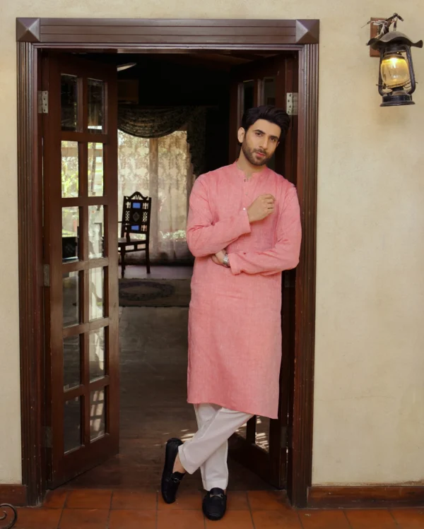 FLAMINGO PINK KURTA WITH WHITE PAJAMA 3 Pink Kurta Pajama