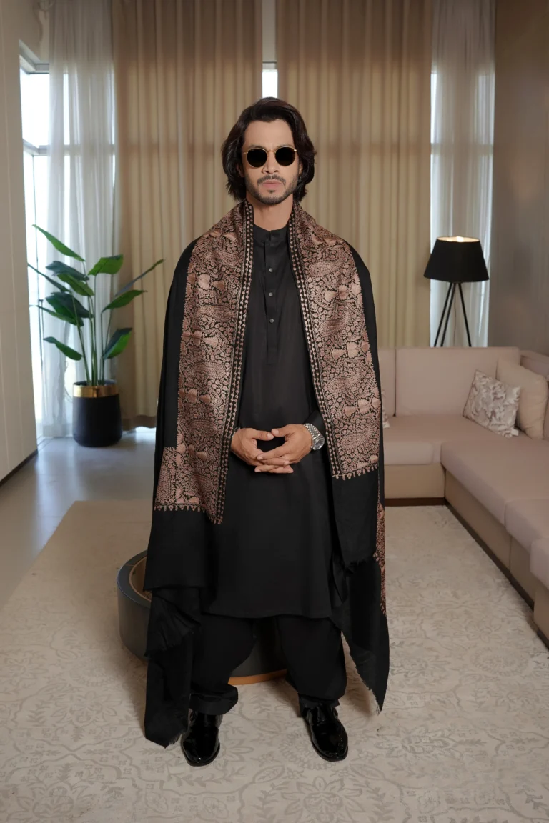 Black Shalwar Kameez for men styled with an embroidered shawl – Edirne